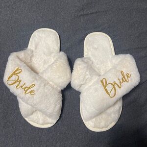 White Bride Slippers with Gold Lettering- perfect for your getting ready photos!